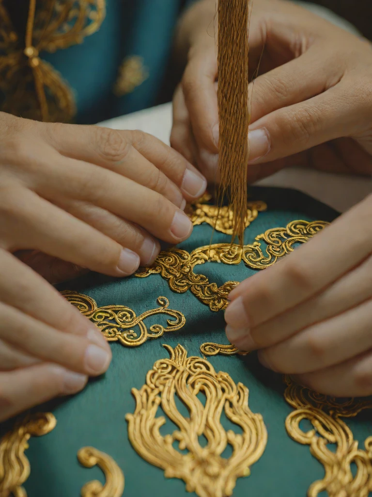 Master embroiderer's hands finishing a Ming-dynasty Hanfu collar