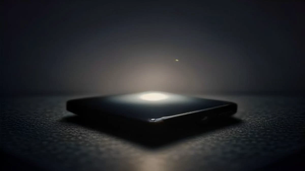 A smartphone resting on a dark desk with a softly glowing abstract chat interface